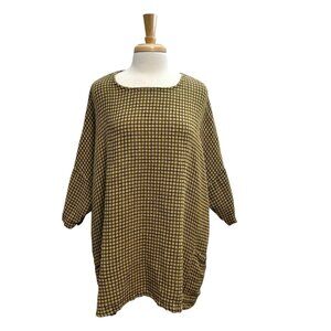 CUT LOOSE Linen Blend Boxy Check Pattern Slouchy Top Pockets Gold Black One Size